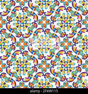 Mexican talavera seamless pattern with tropical crowned fly-eater birds. Traditional decorative objects. Stock Vector