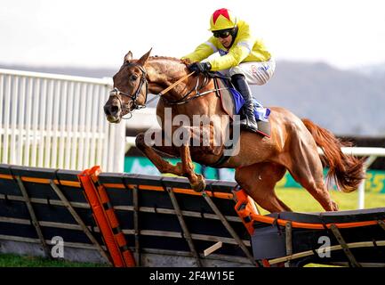 Grandads Cottage ridden by Harry Skelton clears a fence on their way to winning the Taunton Branch RNLI Supporters Novices' Hurdle at Taunton Racecourse. Picture date: Tuesday March 23, 2021. Stock Photo