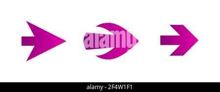 purple right arrows set. Flat icon isolated on white. Continue icon. Next, enter, swipe, scroll button. East arrow. Geometric style Stock Vector