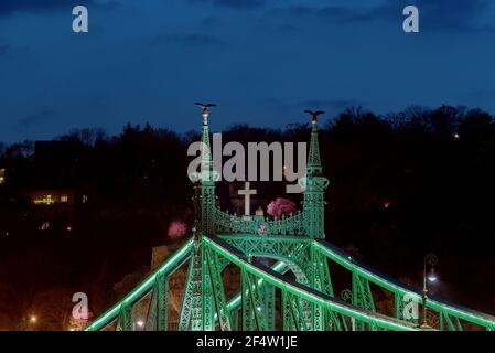 Liberty bridge in Early spring 2021. Illuminated historical bridge on the foreground and cherry blossom tree on the backkground in Budapest Hungary Stock Photo