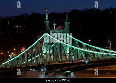 Liberty bridge in Early spring 2021. Illuminated historical bridge on the foreground and cherry blossom tree on the backkground in Budapest Hungary Stock Photo