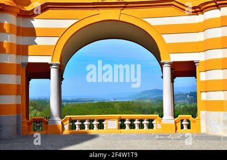 View through the Arched Opening in the Courtyard Wall of Melk Collegiate Church Stock Photo
