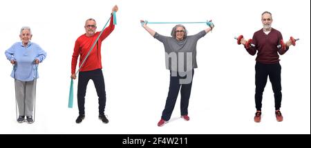 a group of senior people practicing exercise on white background Stock Photo
