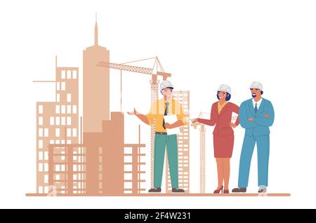 Professional construction engineers and architects in helmets, flat vector illustration. House building industry. Stock Vector