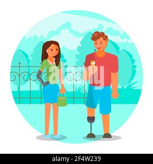 Couple with leg and arm prosthetics, flat vector illustration. Disabled people lifestyle, relationship, romantic date. Stock Vector
