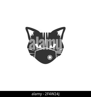 Black cat with medical mask isolated on white. tough, cool tom cat with severe look. hipster avatar with respirator. Vector flat illustration. hipster Stock Vector