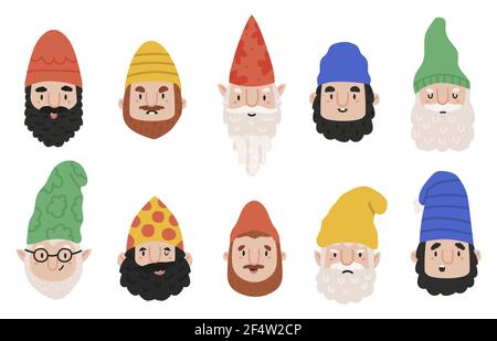 Garden gnomes emotions. Cute dwarf characters avatar, happy, funny and angry gnome faces. Dwarf fairy tale emoji mascots vector illustration set Stock Vector