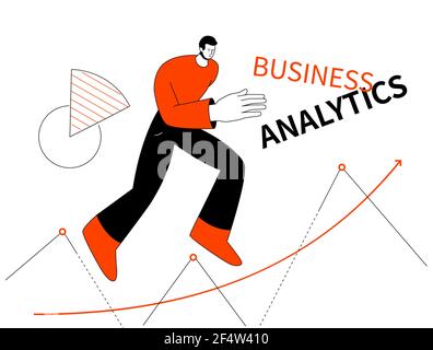 Business analytics - modern colorful line design style illustration on white background. Data analysis, statistics and motivation concept. A compositi Stock Vector