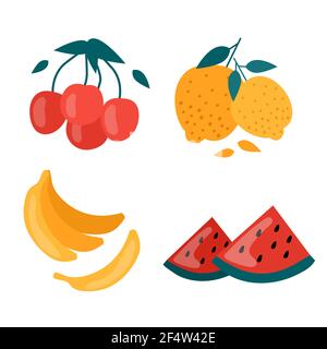 Summer watermelon, lemon, banana, cherry isolated on white background. Doodle fruit. Natural tropical citrus. Vegan hand drawn organic fruits or veget Stock Vector