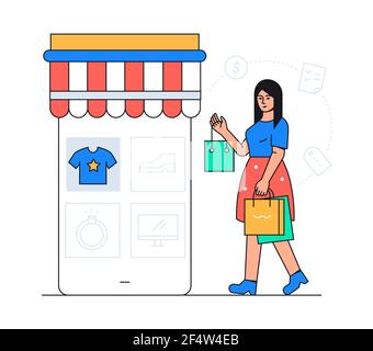 Online shopping - colorful flat design style poster with thematic icons. A composition with a woman buying products via mobile app. Clothing and shoes Stock Vector