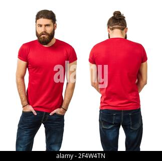 Young man with long hair and beard wearing blank red shirt, front and back. Ready for your artwork. Stock Photo
