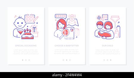 Babysitting services - modern line design style web banners with copy space for text. Special occasions, choose a specialist, our child illustrations. Stock Vector