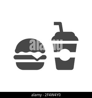 Fast food black vector icon. Burger and soda drink symbols. Stock Vector