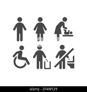 Wc or toilet black vector icon set. Men, women, ladies and gentlemen restroom signs. Disabled and changing room symbols. Stock Vector