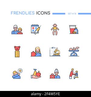 Pediatrics - modern line design style icons set. Children health and development idea. Colorful images of a pediatrician, vaccination. Medical exam, w Stock Vector