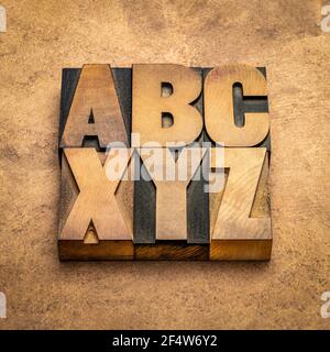 a, b, c  and x, y, z  - first and last letters of alphabet in vintage wooden letterpress type blocks against handmade bark paper, essentials, start, b Stock Photo