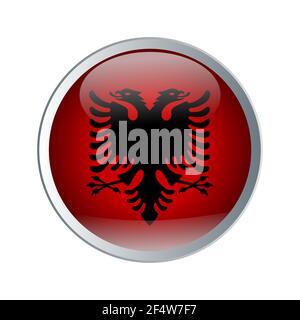 Shiny and glossy button with High detailed flag of Albania. Flat and solid color vector illustration. Stock Vector