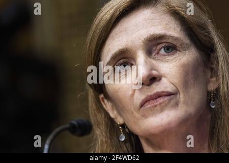 Former US Ambassador to the United Nations Samantha Power testifies before the Senate Foreign Relations Committee be the next Administrator of the United States Agency for International Development (USAID) in the Dirksen Senate Office Building in Washington DC, USA, 23 March 2021. Photo by Jim Lo Scalzo/Pool/ABACAPRESS.COM Stock Photo