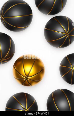 Many black basketballs with a golden basketball on a bright background, 3d rendering Stock Photo