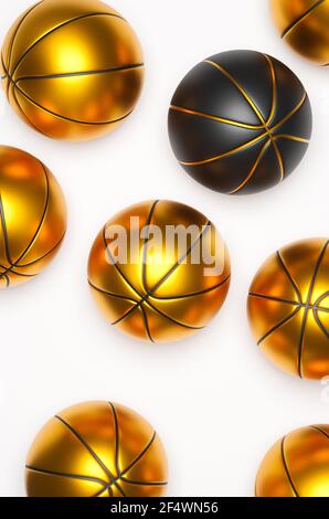Many golden basketballs with a black basketball on a bright background, 3d rendering Stock Photo