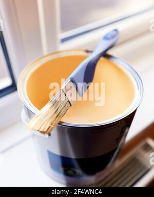 Paint brush resting on opened paint tin Stock Photo