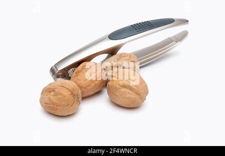 nutcracker and walnuts on white background Stock Photo