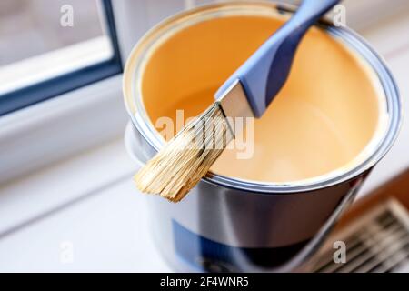 Paint brush resting on opened paint tin Stock Photo