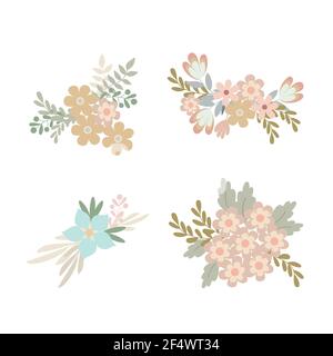 Floral arrangement set of simple pastel-colored flowers in flat style vector illustration, symbol of spring, cozy home, Easter holidays celebration decor, clipart for cards, bohemian springtime decoration Stock Vector