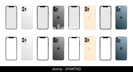 Apple iPhone 12 Pro Max in four colors. Iphone mockup set. Vector illustration isolated on white background Stock Vector