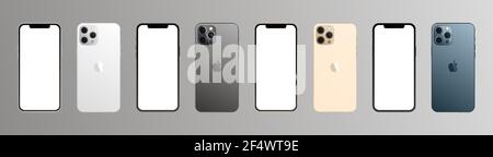 Apple iPhone 12 Pro Max in four colors. Iphone mockup set. Vector illustration isolated on gray background Stock Vector