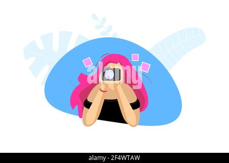 Beautiful young teenage girl photographer with pink hair holding camera. Female photo hobby concept. Cute fashion hipster woman shoots and takes photography pictures. Photographer vector illustration Stock Vector