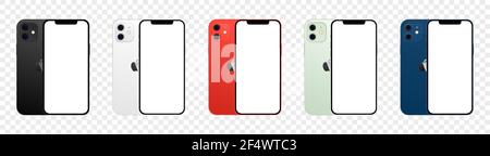 Apple iPhone 12 in colors. Iphone mockup set. Vector illustration isolated on transparent background Stock Vector