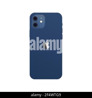 Realistic blue iPhone 12 mockup. Smartphone mockup on the back. Mobile phone isolated on white background. Stock Vector