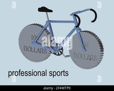 3D illustration of script Professional Sports under a bicycle in which the wheels are symbolically replaced by 100 hundreds dollars coins. Stock Photo