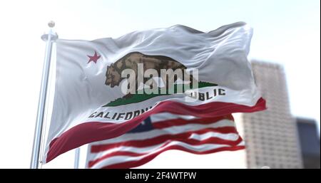 The California Republic flag with the grizzly bear Monarch flying along with the American national star-striped flag. Patriotism and freedom. American Stock Photo