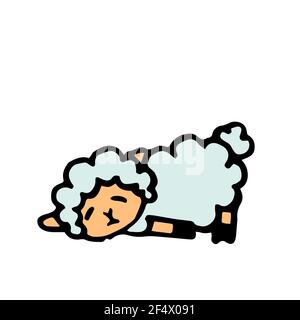 Cheerful funny ram. Sleeping. Lamb outline hand drawing. Isolated on white background. Illustration vector Stock Vector