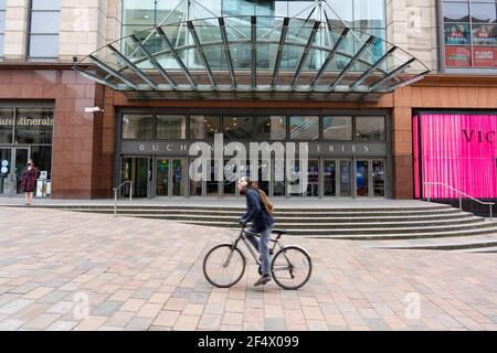 Glasgow, Scotland, UK. 23 March 2021. On the first anniversary of the coronavirus pandemic lockdown the streets in Glasgow city centre are still quiet with only essential shops open. Pic; Buchanan Street is very quiet. Iain Masterton/Alamy Live News Stock Photo