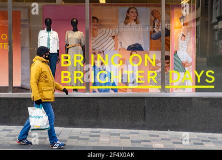 Glasgow, Scotland, UK. 23 March 2021. On the first anniversary of the coronavirus pandemic lockdown the streets in Glasgow city centre are still quiet with only essential shops open. Pic; Positive message  in shop window of M&S. Iain Masterton/Alamy Live News Stock Photo