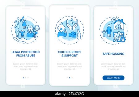 Domestic violence survivors support onboarding mobile app page screen with concepts Stock Vector