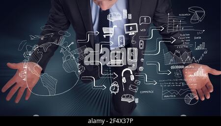 Composition of network of digital icons with globe over businessman Stock Photo