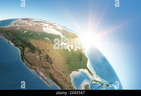 Sun shining over a high detailed view of Planet Earth, focused on North America, USA and Canada - Elements furnished by NASA Stock Photo