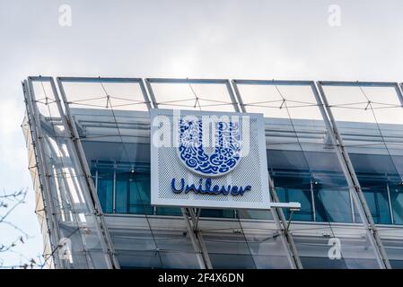 Hamburg, Germany - August 7, 2019: Unilever company office building in HafenCity Area of Hamburg. Stock Photo