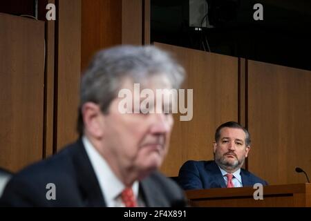 United States Senator Ted Cruz (Republican of Texas), right, listens while United States Senator John Neely Kennedy (Republican of Louisiana) questions the panel during a Senate Committee on the Judiciary hearing to examine constitutional and common sense steps to reduce gun violence in the Hart Senate Office Building in Washington, DC, Tuesday, March 23, 2021. Credit: Rod Lamkey/CNP /MediaPunch Stock Photo