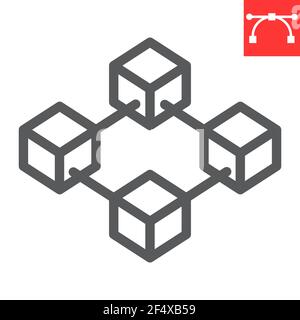 Blockchain line icon, cryptocurrency and bitcoin, four cube vector icon, vector graphics, editable stroke outline sign, eps 10. Stock Vector