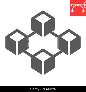 Blockchain glyph icon, cryptocurrency and bitcoin, four cube vector icon, vector graphics, editable stroke solid sign, eps 10. Stock Vector