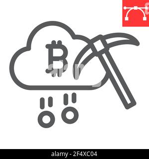 Cloud mining line icon, cryptocurrency and bitcoin, cloud with pickaxe vector icon, vector graphics, editable stroke outline sign, eps 10. Stock Vector