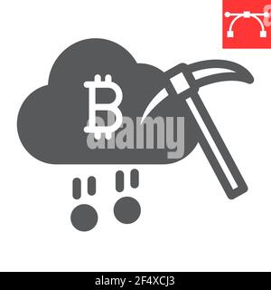 Cloud mining glyph icon, cryptocurrency and bitcoin, cloud with pickaxe vector icon, vector graphics, editable stroke solid sign, eps 10. Stock Vector