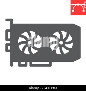 GPU card glyph icon, hardware and bitcoin mining, graphic card vector icon, vector graphics, editable stroke solid sign, eps 10. Stock Vector