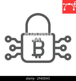 Bitcoin encryption line icon, cryptocurrency and protection, bitcoin padlock vector icon, vector graphics, editable stroke outline sign, eps 10. Stock Vector