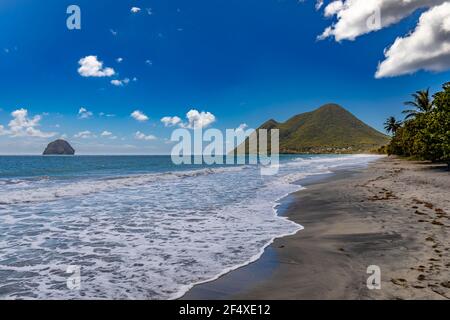 The beach and the Diamond Rock, Le Diamant, Martinique, French Antilles Stock Photo